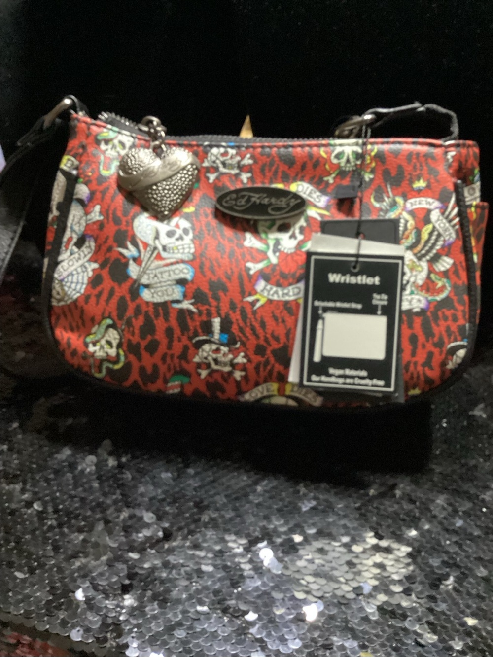 Ed Hardy Red Leopard Tattoo-Print Wristlet with Black Strap